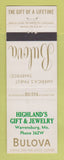 Matchbook Cover - Bulova Watches Highland's Jewelry Warrensburg MO