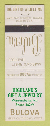 Matchbook Cover - Bulova Watches Highland's Jewelry Warrensburg MO