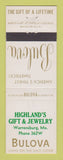 Matchbook Cover - Bulova Watches Highland's Jewelry Warrensburg MO