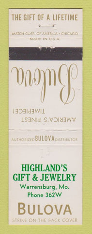 Matchbook Cover - Bulova Watches Highland's Jewelry Warrensburg MO