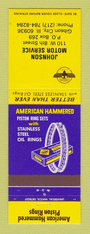 Matchbook Cover - American Hammered Piston Rings Johnson Motor Gibson City IL