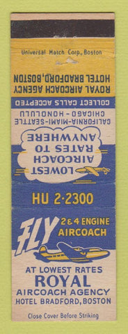 Matchbook Cover - Royal Aircoach Agency Hotel Bradford Boston MA Travel