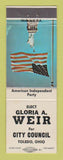 Matchbook Cover - Gloria Weir for City Council Toledo OH