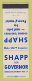Matchbook Cover - Milton Shapp for Governor PA Pennsylvania