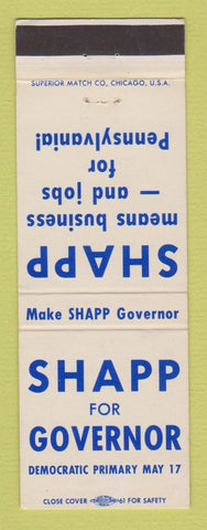 Matchbook Cover - Milton Shapp for Governor PA Pennsylvania