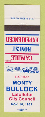 Matchbook Cover - Monty Bullock Lafollette City Council Election 1989 TN
