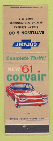 Matchbook Cover - 1961 Chevrolet Corvair Battleson Scobey MT