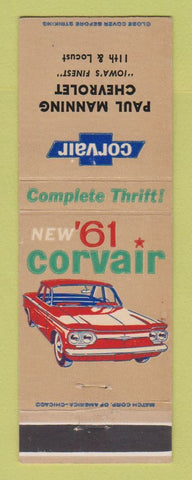 Matchbook Cover - 1961 Chevrolet Corvair Paul Manning Des Moines IA