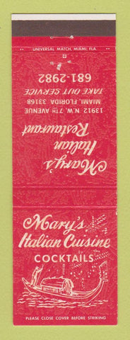 Matchbook Cover - Mary's Italian Restaurant Miami FL
