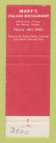 Matchbook Cover - Mary's Italian Restaurant Miami FL