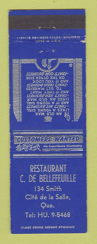 Matchbook Cover - Restaurant C De Bellefeuille Cite de la Salle QC