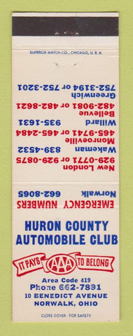 Matchbook Cover - Huron County Auto Club AAA Norwalk OH New London Bellevue