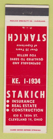Matchbook Cover - Stakich Insurance Real Estate Cleveland OH