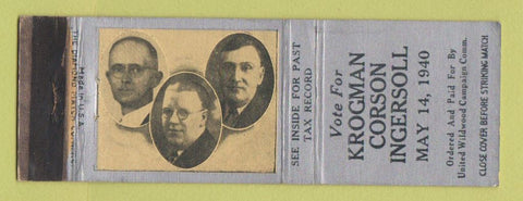 Matchbook Cover - Krogman Carson Ingersoll Election 1940 WORN