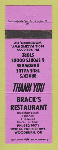 Matchbook Cover - Brack's Restaurant Woodburn OR hardware WEAR