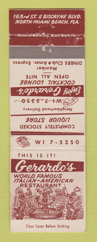 Matchbook Cover - Gerardo's Italian Restaurant North Miami Beach FL WORN BACK