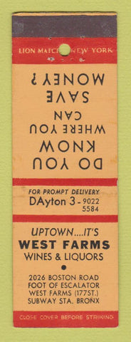 Matchbook Cover - West Farms Wines Liquor Bronx NY WEAR