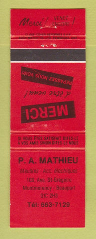 Matchbook Cover - PA Mathieu Furniture Montmorency Beauport QC RED