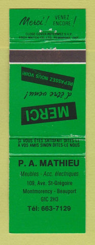 Matchbook Cover - PA Mathieu Furniture Montmorency Beauport QC GREEN