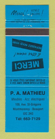 Matchbook Cover - PA Mathieu Furniture Montmorency Beauport QC BLUE