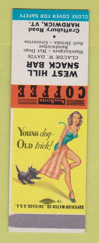 Matchbook Cover - West Hill Snack Bar Hardwick VT Claude Davis pinup SAMPLE