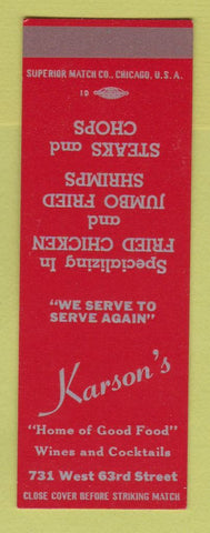 Matchbook Cover - Karson's Restaurant Chicago? Fried Chicken SAMPLE