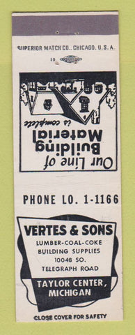 Matchbook Cover - Vertes and Sons Lumber Coal Coke Taylor Center MI