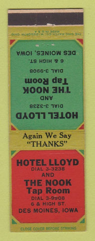 Matchbook Cover - Hotel Lloyd Nook Tap Room Des Moines IA