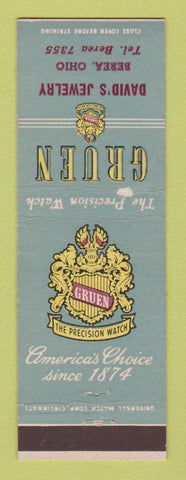 Matchbook Cover - Gruen Watches David's Jewelry Berea OH