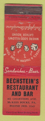 Matchbook Cover - Bechstein's Restaurant Bar McKees Rocks PA WORN