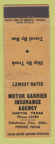 Matchbook Cover - Motor Carrier Insurance Agency Austin TX Oklahoma City WORN