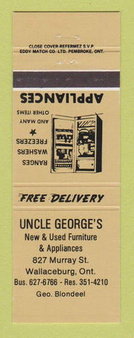 Matchbook Cover Uncle George's New Used Furniture Appliances Wallaceburg ON GOLD