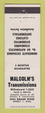 Matchbook Cover - Malcom's Transmissions Detroit MI
