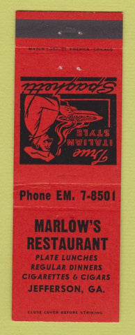 Matchbook Cover - Marlow's Restaurant Jefferson GA Spaghetti