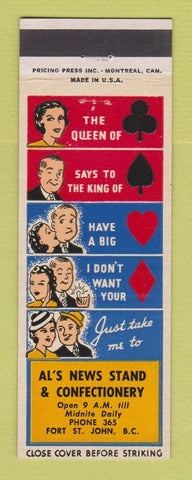 Matchbook Cover - Al's News Stand Confectionery Fort St John BC