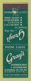 Matchbook Cover - Gray's Sandwich Shop Restaurant Atlantic City NJ