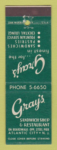 Matchbook Cover - Gray's Sandwich Shop Restaurant Atlantic City NJ