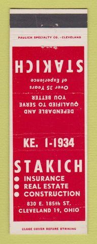 Matchbook Cover - Stakich Insurance Real Estate Construction Cleveland OH