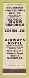 Matchbook Cover - Airways Motel Franklin PA Ro Ho Cho Meadville