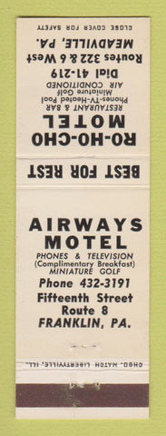 Matchbook Cover - Airways Motel Franklin PA Ro Ho Cho Meadville