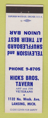 Matchbook Cover - Hicks Bros Tavern Lansing MI Shuffleboard