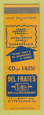 Matchbook Cover - Del Frate's Bar Restaurant Pittsburgh PA