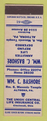 Matchbook Cover - Wm Bashore Union Central Insurance Altoona PA