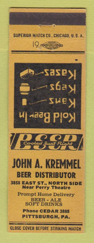 Matchbook Cover - John Kremmel Beer Distributor Pittsburgh PA WORN BACK