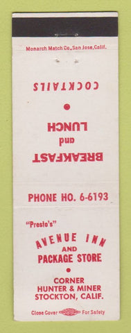 Matchbook Cover - Avenue Inn Liquor Store restaurant Stockton CA WORN BACK