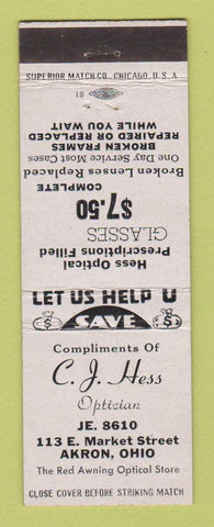 Matchbook Cover - CJ Hess Optician Akron OH