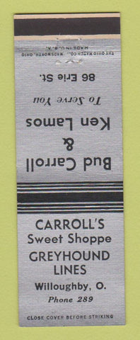 Matchbook Cover - Carroll's Sweet Shoppe Greyhound Bus Lines Willoughby OH