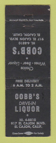 Matchbook Cover - Cobb's Drive In Liquor Store El Cajon CA WORN BACK