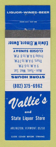 Matchbook Cover - Vallie's State Liquor Store Arlington VT