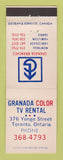 Matchbook Cover - Granada Color TV Rental Montreal QC Barrie Hamilton ON